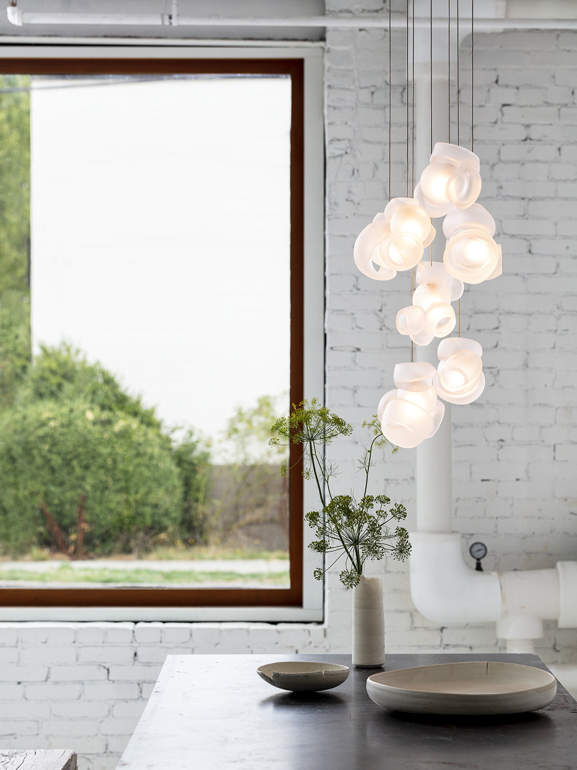 Process Glass Pendant Light - Modern Hand-Blown Opal Glass & Basket Shade