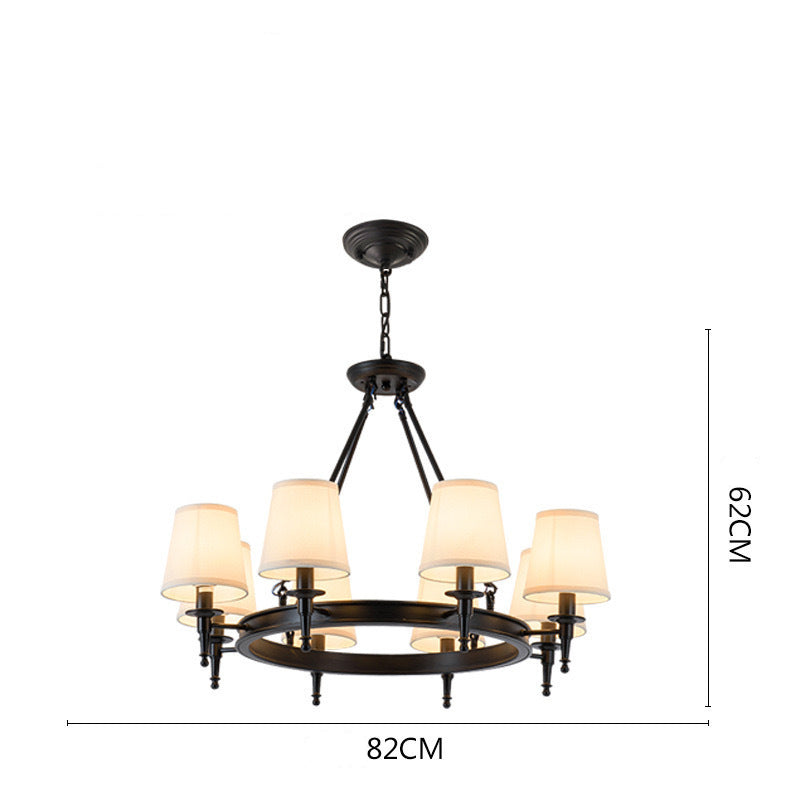 Retro Spindle Wheel Chandelier – Circular Ring Metal & Fabric Shade Chandelier