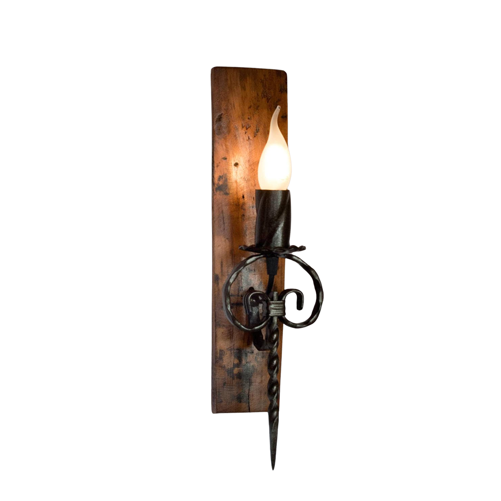 Rustic Wall Lamp - Reclaimed Oak Wine Barrel Stave & Wrought Iron Wall Sconce