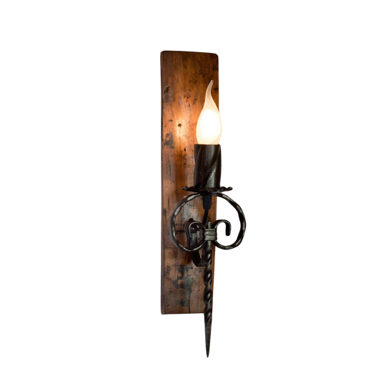 Rustic Wall Lamp - Reclaimed Oak Wine Barrel Stave & Wrought Iron Wall Sconce
