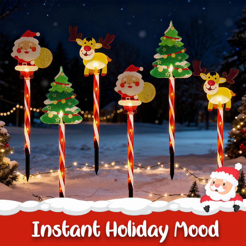 6-Pack Solar Christmas Decorative Lights - Waterproof LED Landscape Pathway Stakes | Hybrid Battery & Solar Yard Ornaments