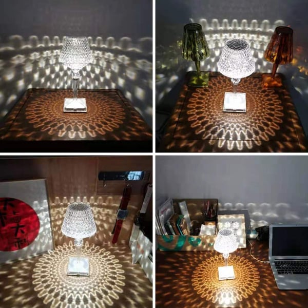 Crystal Diamond Table Lamp - Rechargeable LED Cordless Bedside Sconce | Touch Control Dimming Nightstand Light | Clear Acrylic