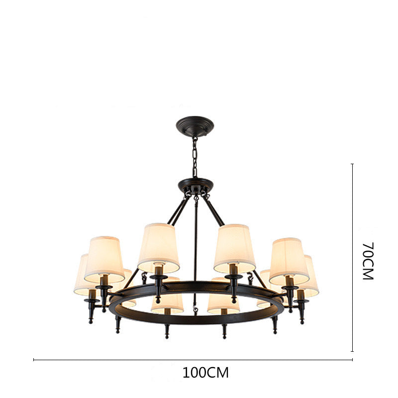 Retro Spindle Wheel Chandelier – Circular Ring Metal & Fabric Shade Chandelier