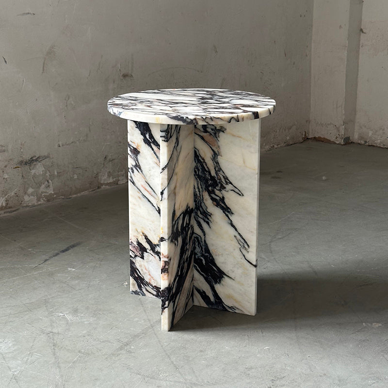 Rosie Marble Side Table - Bulgari & Travertine Natural Stone Pedestal | Luxury Minimalist Bedside Table