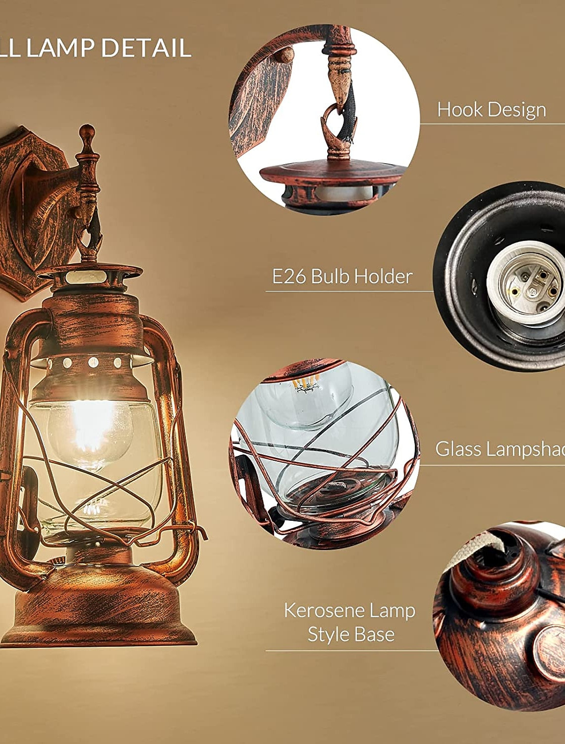 Country Style Lantern Wall Lamp – Retro Red Bronze & Glass Farmhouse Sconce