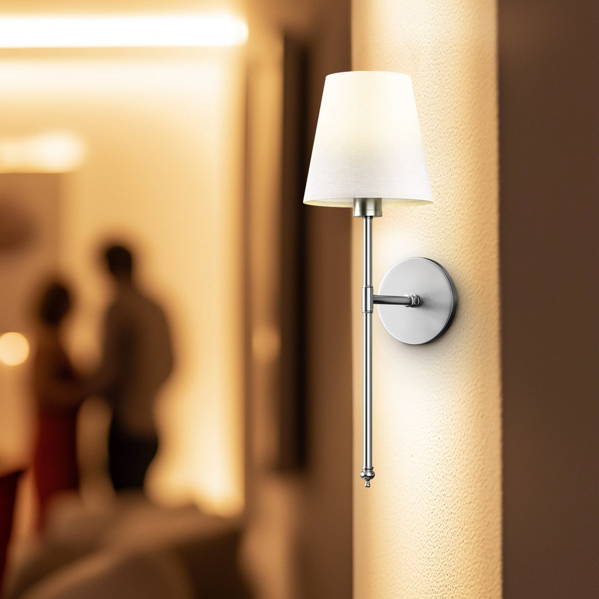 Wireless LED Wall Sconce - Rechargeable Fabric Shade Vanity Sconce | Drill-Free Magnetic Bedroom Bedside Lamp | Black & Gold
