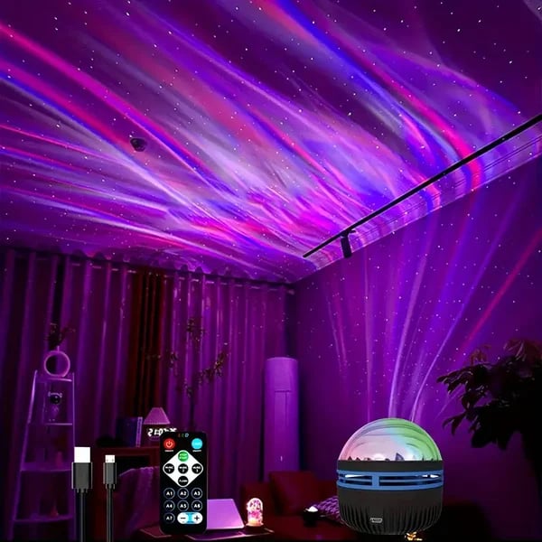 Northern Lights & Ocean Wave Projector - Multi-Color LED Aurora Galaxy Night Light | Sound-Activated Bluetooth Ceiling Lamp