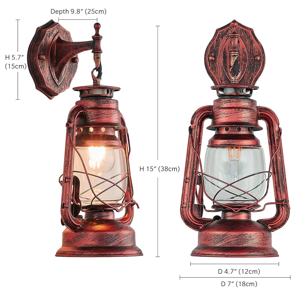 Country Style Lantern Wall Lamp – Retro Red Bronze & Glass Farmhouse Sconce