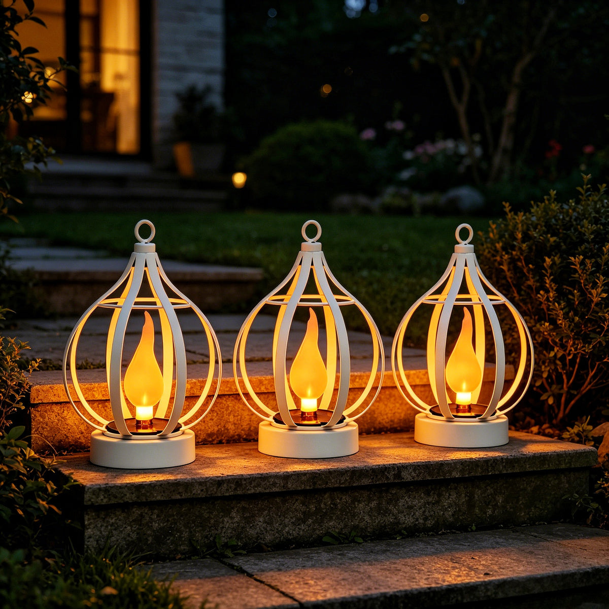 Modern Solar Metal Flame Lantern – IP65 Waterproof Outdoor Hanging Landscape Light for Garden & Patio