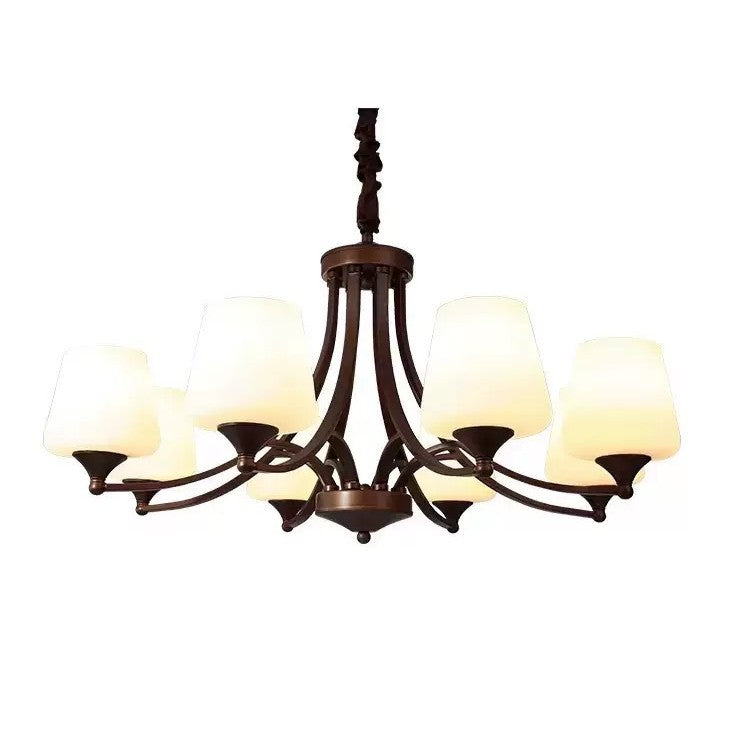 Classic Curved Arm Glass Shade Chandelier – Vintage Bronze Iron & Frosted Glass Pendant Light