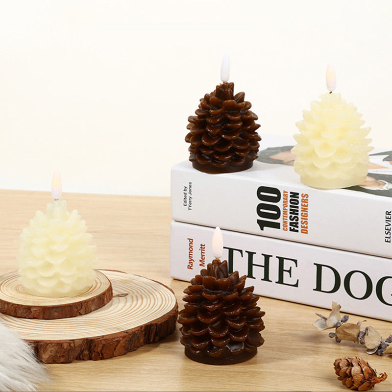 Flameless LED Pine Cone Candles - Real Paraffin Wax Flickering Holiday Lamp | Battery Operated Winter Accent Light | Brown & White