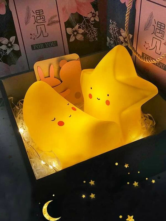 Cute Moon & Star Shaped Night Light - Whimsical LED Nursery Lamp | Decorative Battery-Powered Bedside Light