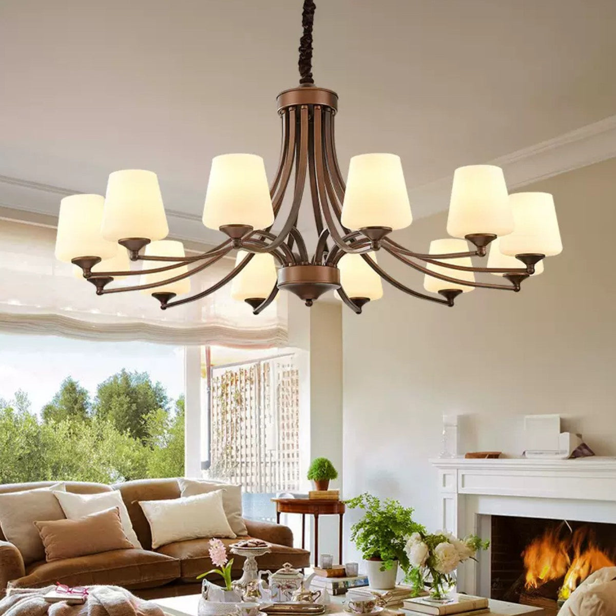 Classic Curved Arm Glass Shade Chandelier – Vintage Bronze Iron & Frosted Glass Pendant Light