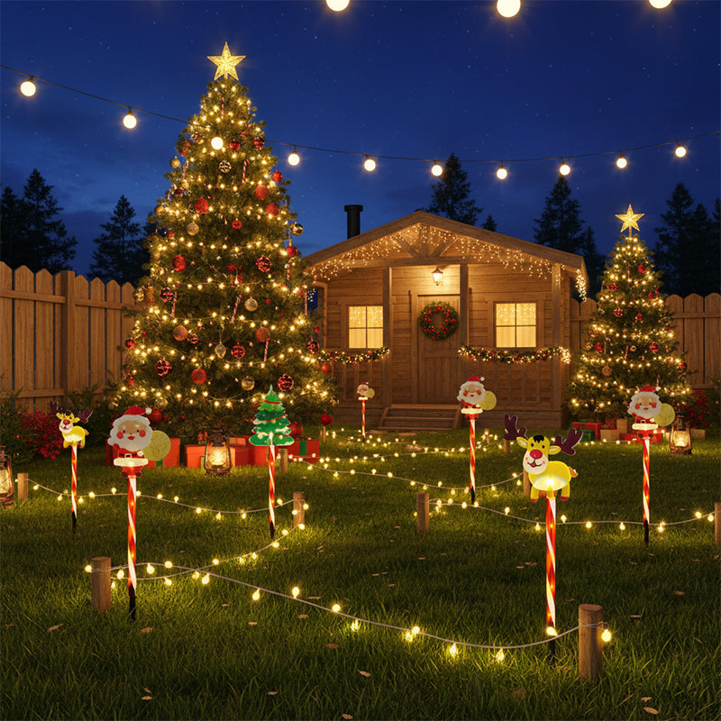 6-Pack Solar Christmas Decorative Lights - Waterproof LED Landscape Pathway Stakes | Hybrid Battery & Solar Yard Ornaments