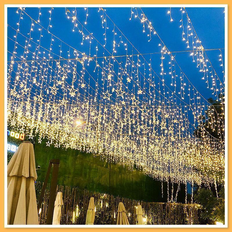 LED Solar Garden Ambient Light - Waterproof Star & Moon Curtain Garland | Smart Remote Control Patio String Lights | Warm White & RGB