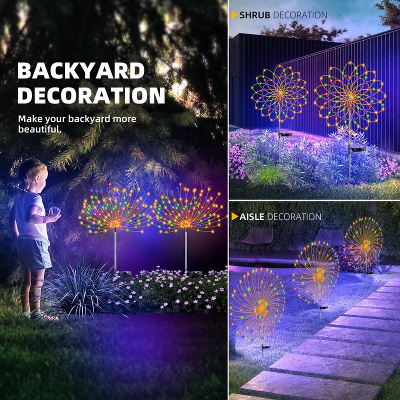 Waterproof Solar Garden Fireworks Lamp - DIY Shape Outdoor Dandelion Fairy Light | IP65 Wireless Lawn Stake | Warm White & RGB