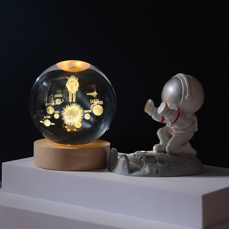 3D Crystal Ball Night Light - Laser Engraved K9 Solar System & Galaxy Sphere | LED Wooden Base Bedside Sconce