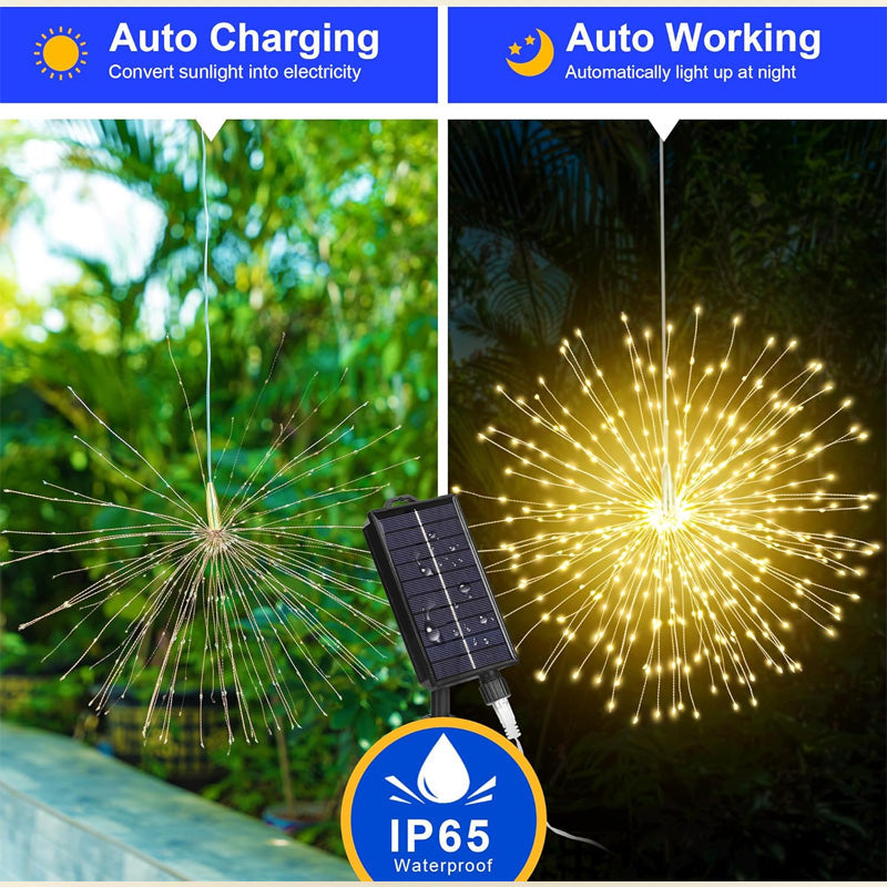 Solar Firework String Lights - Copper Wire Starburst Hanging Garland | IP65 Waterproof Yard & Party Light