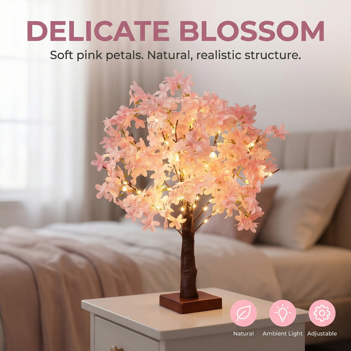 Pink Cherry Blossom Tree Lamp – Battery-Powered Warm LED Floral Accent Light