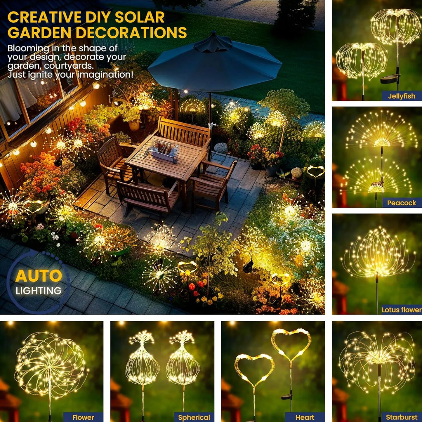Fireworks Solar Lights Garden Light - 120 LED DIY Starburst Stakes | IP65 Waterproof Solar Garden Art