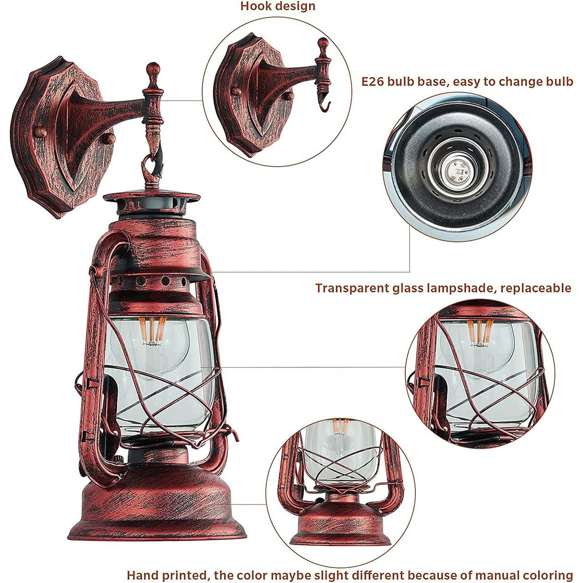 Country Style Lantern Wall Lamp – Retro Red Bronze & Glass Farmhouse Sconce