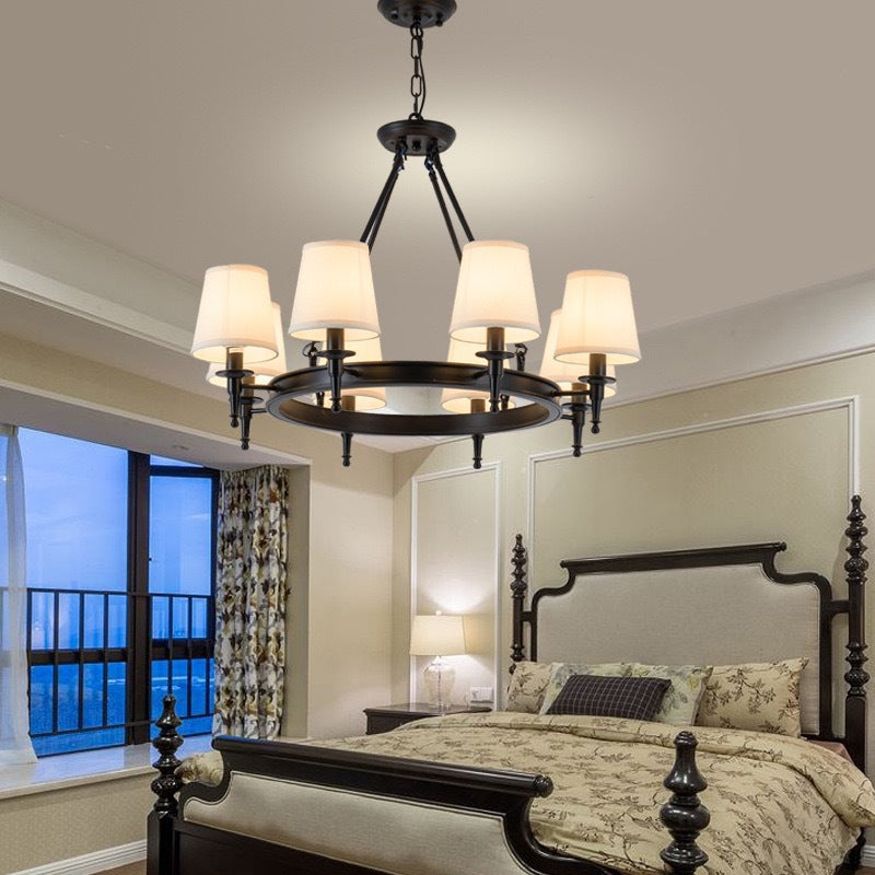 Retro Spindle Wheel Chandelier – Circular Ring Metal & Fabric Shade Chandelier