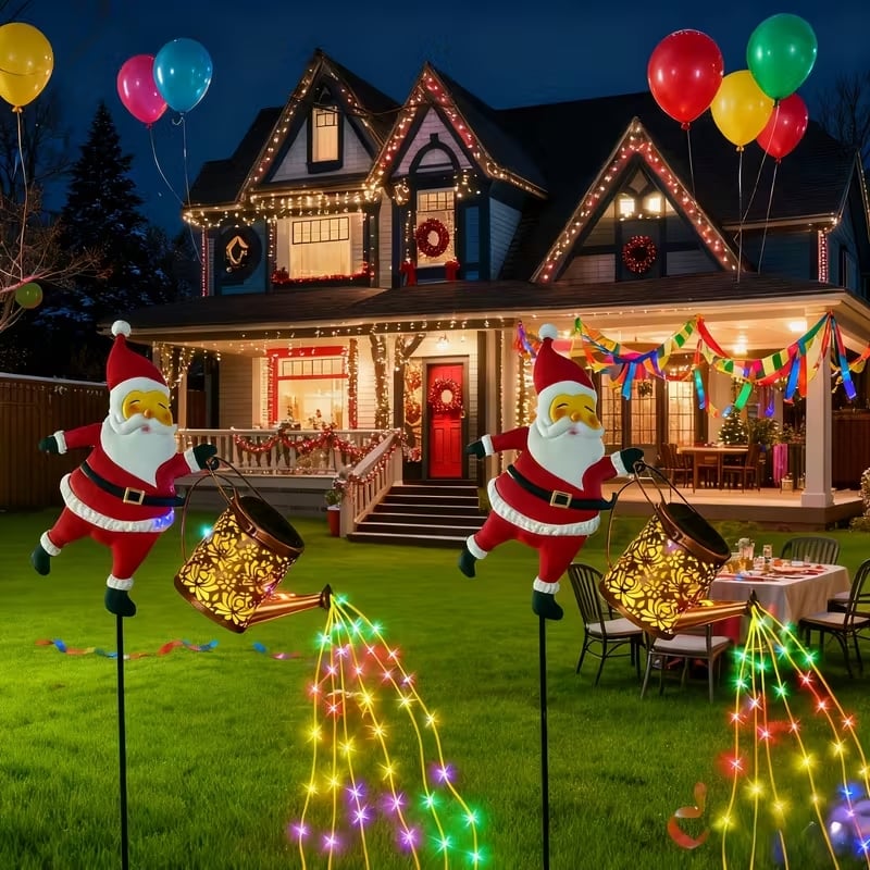 Christmas Solar Santa Kettle Light & Lantern Garden Decor Collection - Waterproof LED Watering Can & Lantern Stake