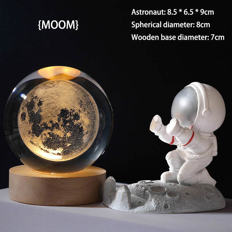 3D Crystal Ball Night Light - Laser Engraved K9 Solar System & Galaxy Sphere | LED Wooden Base Bedside Sconce
