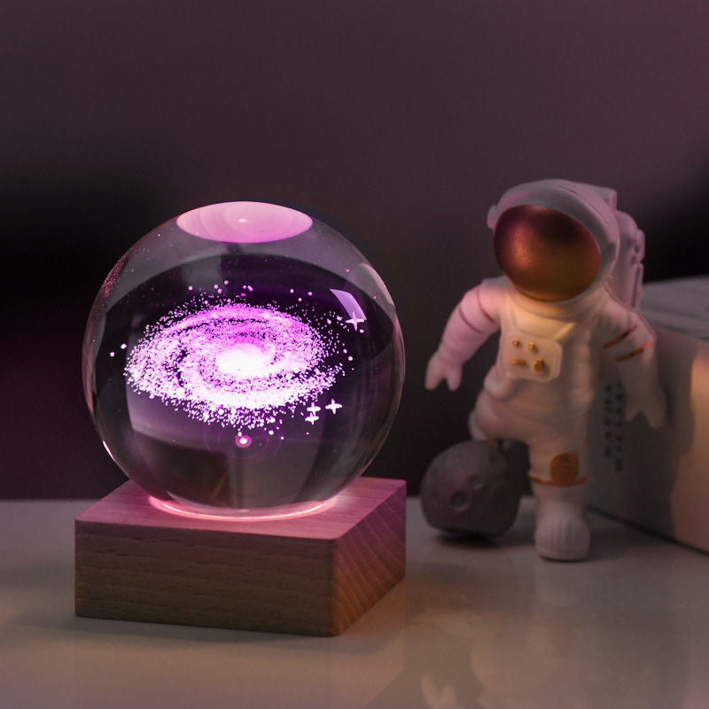 3D Crystal Ball Night Light - Laser Engraved K9 Solar System & Galaxy Sphere | LED Wooden Base Bedside Sconce
