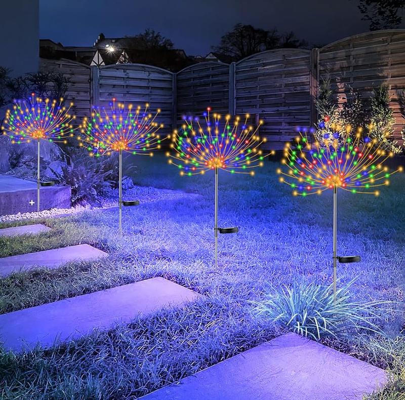 Waterproof Solar Garden Fireworks Lamp - DIY Shape Outdoor Dandelion Fairy Light | IP65 Wireless Lawn Stake | Warm White & RGB
