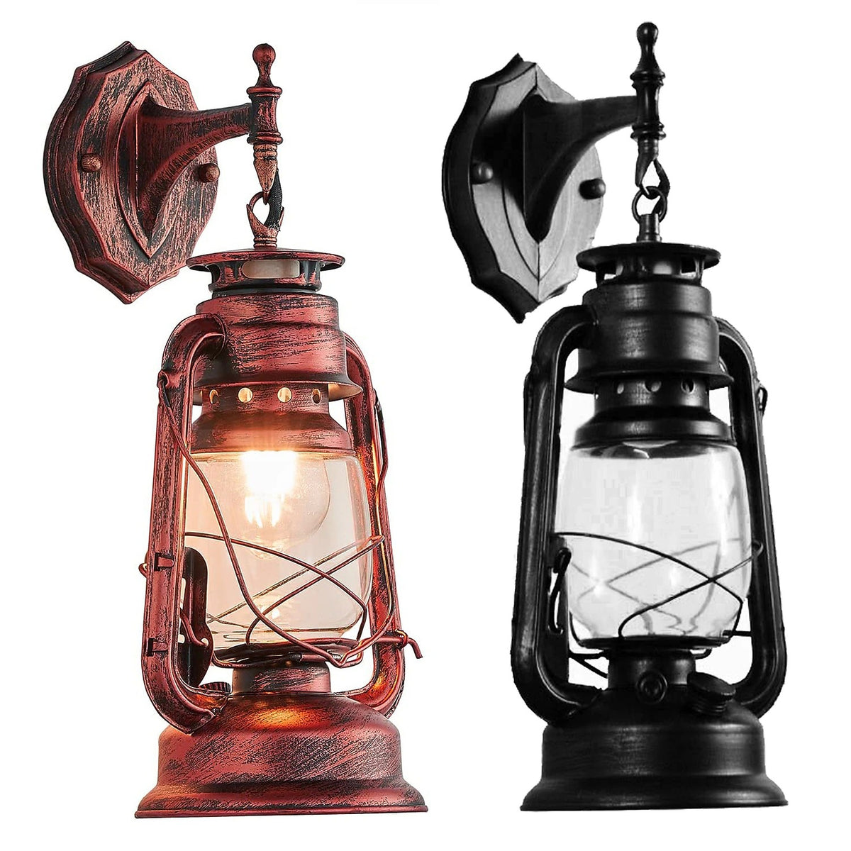 Country Style Lantern Wall Lamp – Retro Red Bronze & Glass Farmhouse Sconce