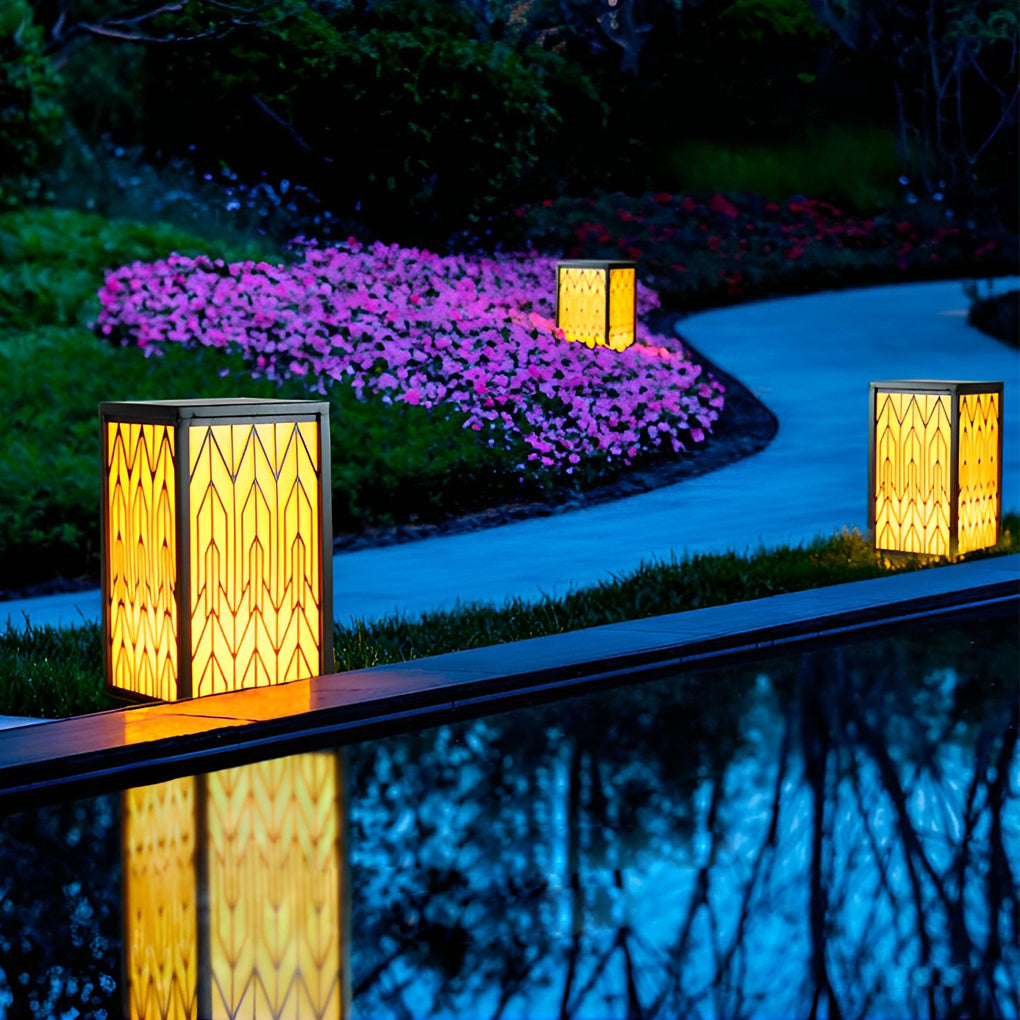 Vintage Waterproof LED Lawn Light – Patterned Lampshade & Galvanized Stone Outdoor Bollard