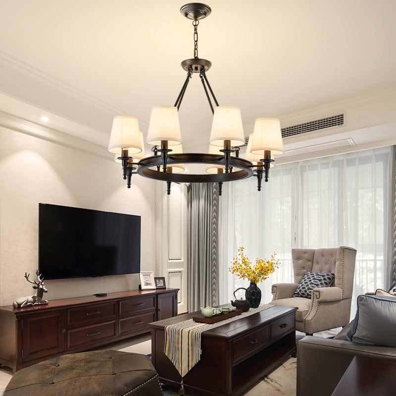 Retro Spindle Wheel Chandelier – Circular Ring Metal & Fabric Shade Chandelier
