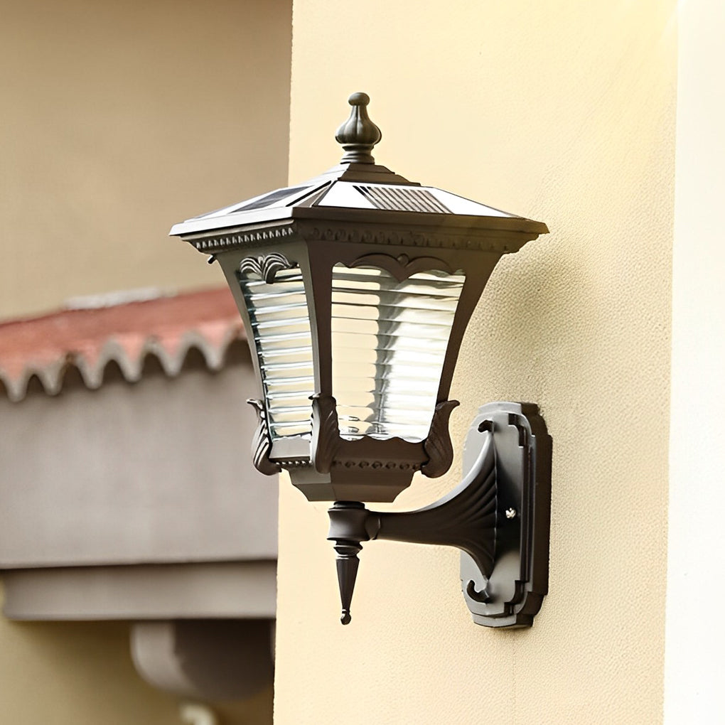 Vintage Striped Glass Solar Outdoor Wall Sconce – Black Aluminum IP65 Waterproof Light