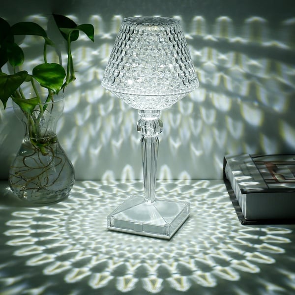 Crystal Diamond Table Lamp - Rechargeable LED Cordless Bedside Sconce | Touch Control Dimming Nightstand Light | Clear Acrylic