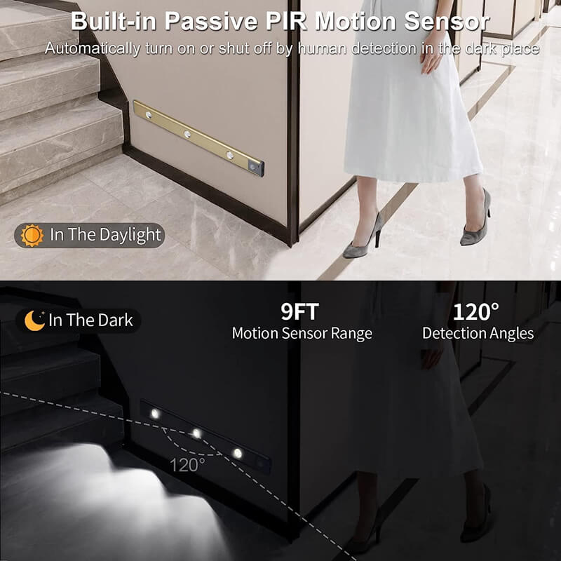 LED Motion Sensor Light Strip - Ultra-Thin Wireless Under Cabinet Light | Rechargeable Hill Glow Wardrobe Sconce | Black & Silver