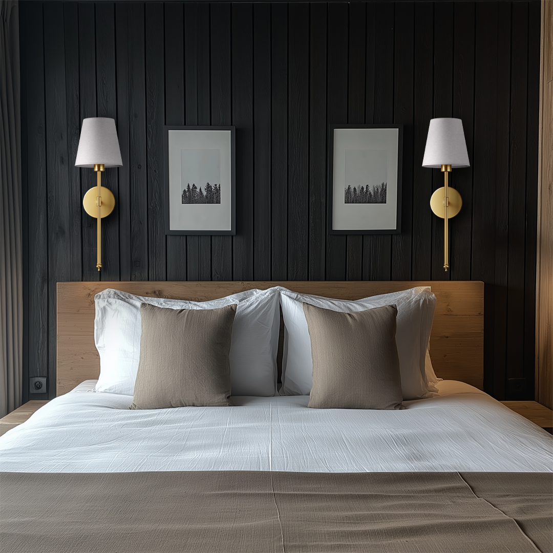Wireless LED Wall Sconce - Rechargeable Fabric Shade Vanity Sconce | Drill-Free Magnetic Bedroom Bedside Lamp | Black & Gold