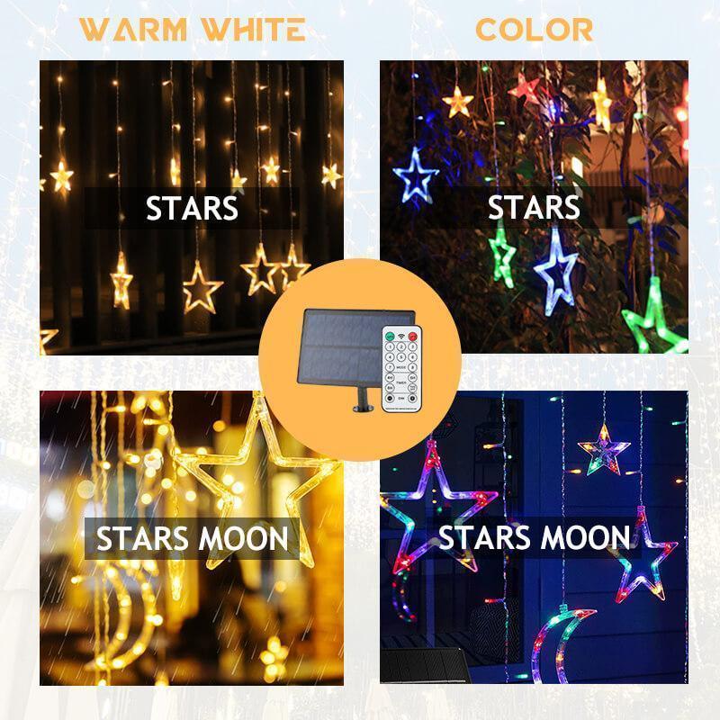 LED Solar Garden Ambient Light - Waterproof Star & Moon Curtain Garland | Smart Remote Control Patio String Lights | Warm White & RGB