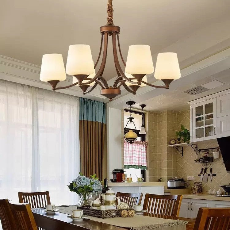 Classic Curved Arm Glass Shade Chandelier – Vintage Bronze Iron & Frosted Glass Pendant Light
