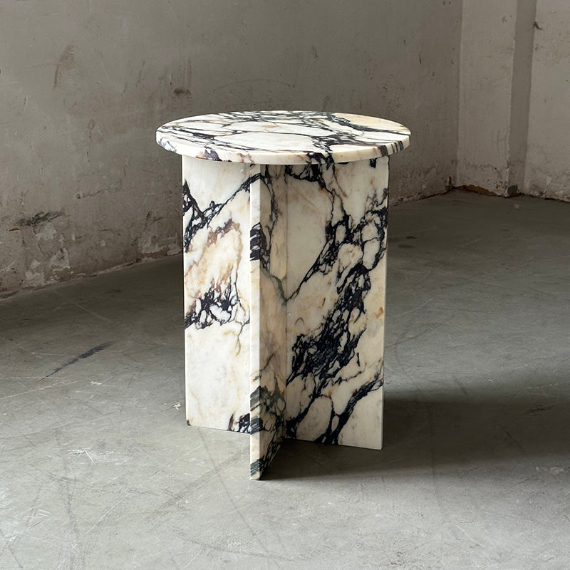 Rosie Marble Side Table - Bulgari & Travertine Natural Stone Pedestal | Luxury Minimalist Bedside Table