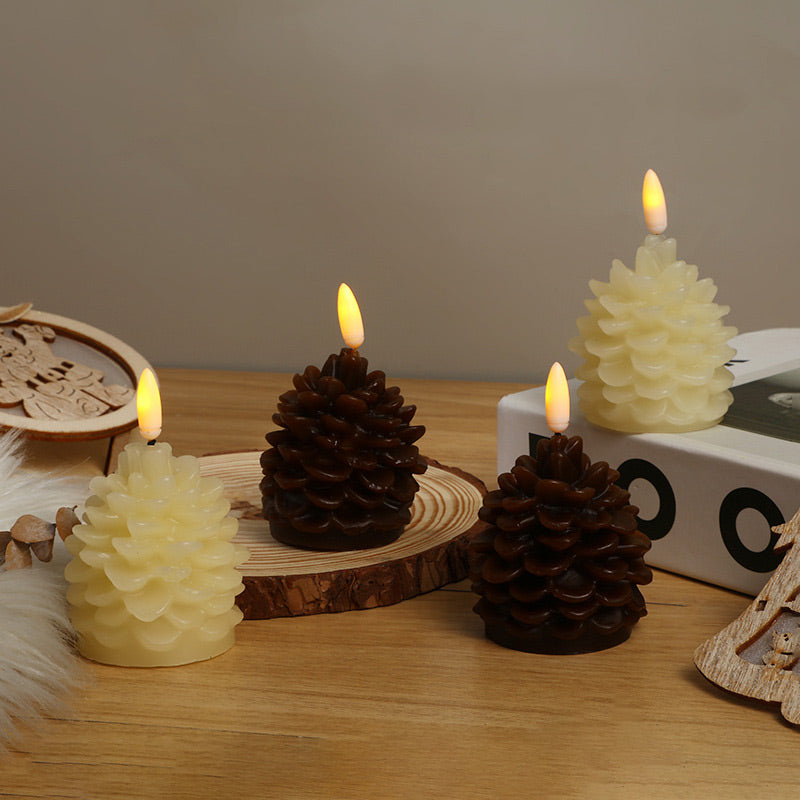 Flameless LED Pine Cone Candles - Real Paraffin Wax Flickering Holiday Lamp | Battery Operated Winter Accent Light | Brown & White