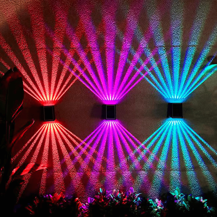 4 LED Solar Colorful Wall Lights Outdoor Waterproof - RGB Up & Down Architectural Sconce | 2000mAh Fence & Patio Floodlight