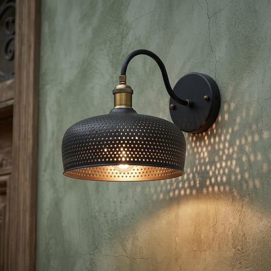 Black Perforated Wall Sconce - Hand-Hammered Pure Copper Green Patina Wall Light