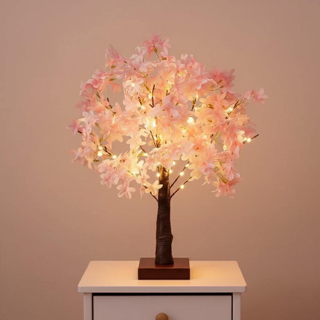 Pink Cherry Blossom Tree Lamp – Battery-Powered Warm LED Floral Accent Light