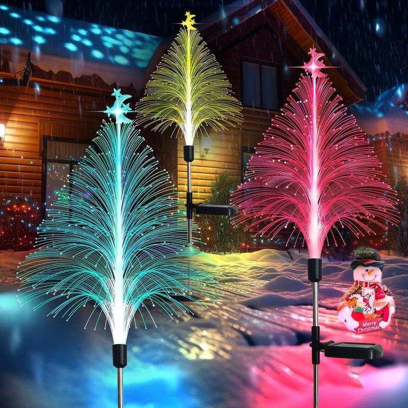 7 Color Changing Solar Christmas Tree Lights - Fiber Optic Outdoor Stake Sconce | IP65 Waterproof Holiday Garden Pathway Light
