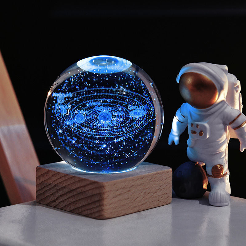 3D Crystal Ball Night Light - Laser Engraved K9 Solar System & Galaxy Sphere | LED Wooden Base Bedside Sconce