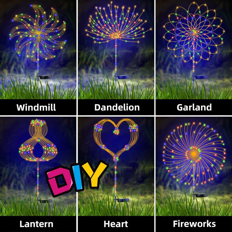 Waterproof Solar Garden Fireworks Lamp - DIY Shape Outdoor Dandelion Fairy Light | IP65 Wireless Lawn Stake | Warm White & RGB