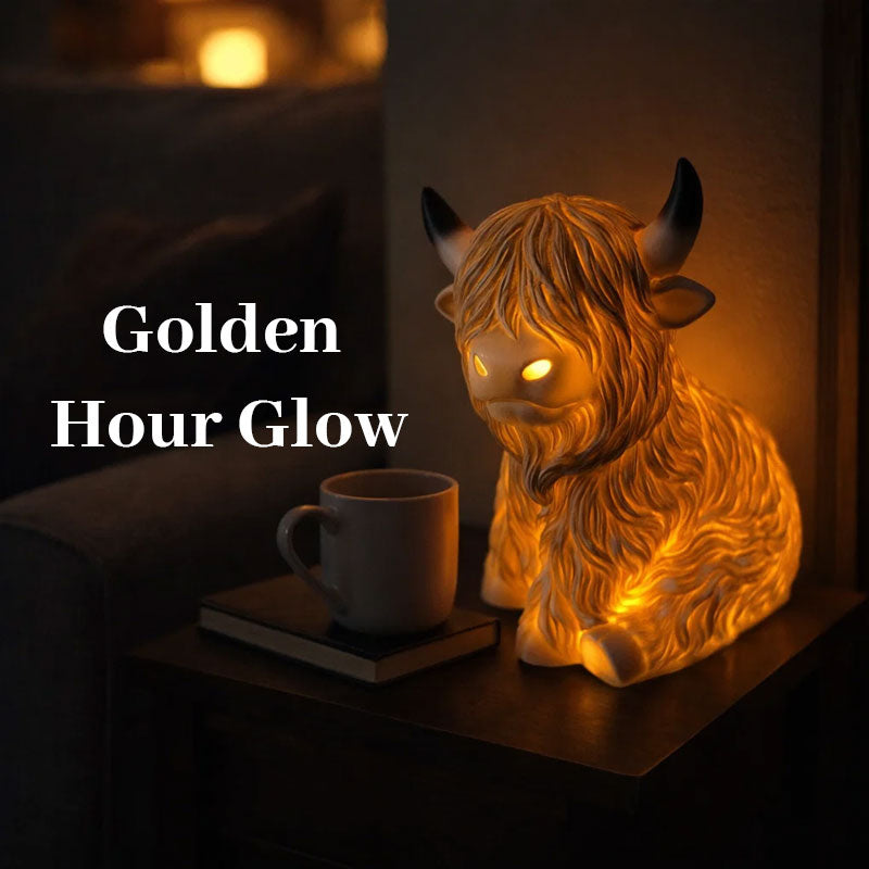 The Cozy Highland Glow Lamp - Handmade Resin Highland Cow Tabletop Light | Farmhouse Nursery Bedside Night-Light | Warm Yellow Accent Sconce