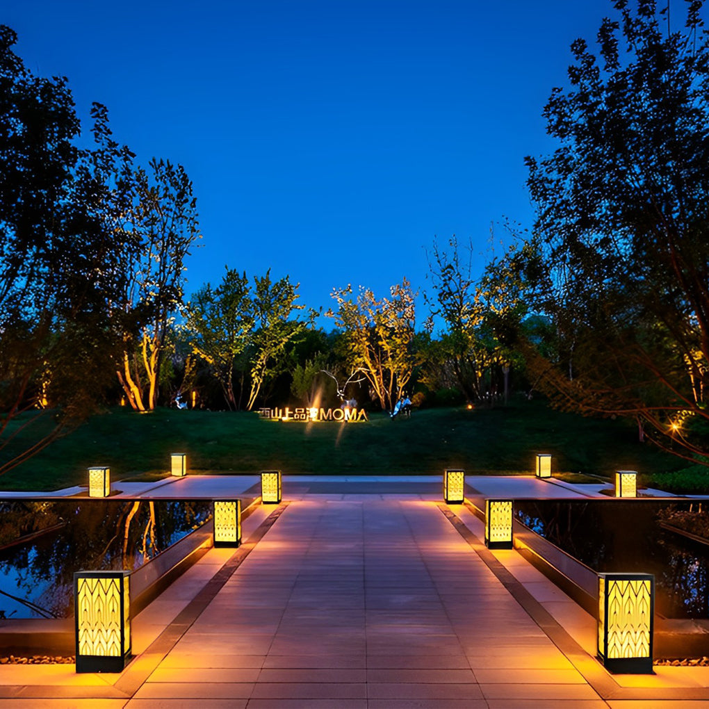 Vintage Waterproof LED Lawn Light – Patterned Lampshade & Galvanized Stone Outdoor Bollard