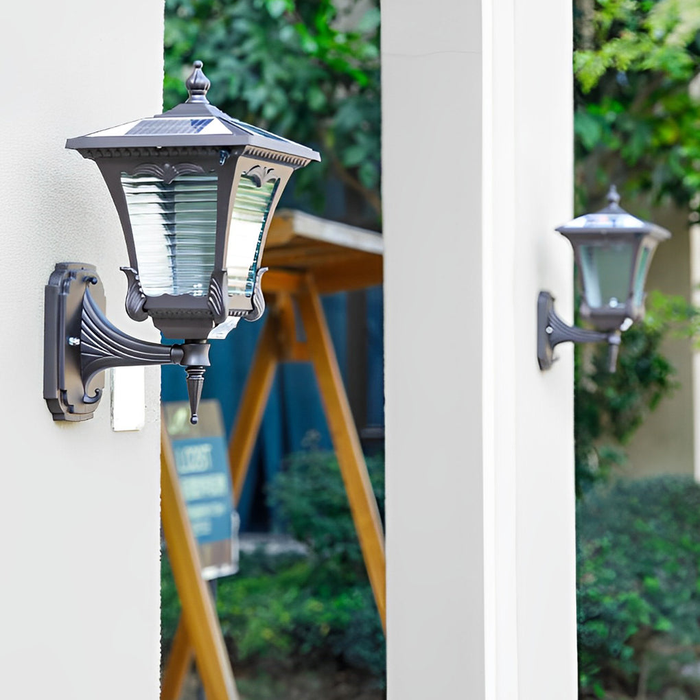 Vintage Striped Glass Solar Outdoor Wall Sconce – Black Aluminum IP65 Waterproof Light
